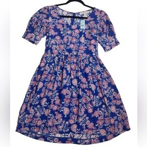 LOFT Petites Floral Puff Sleeve Midi Dress NWT Size 0P Blue Pink